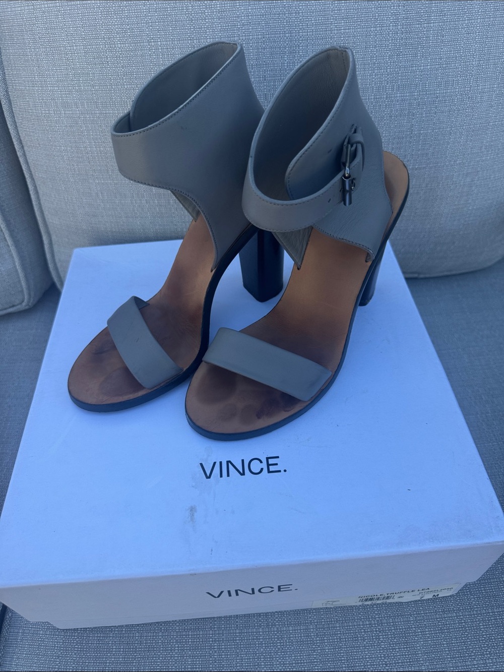 Vince Taupe Leather Block Heel Sandals